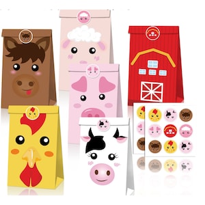 Sacchetti di carta con animali da fattoria con adesivi abbinati, bomboniere per feste in fattoria, sacchetti regalo unisex, sacchetti per feste, caramelle, bottino di compleanno, confezione con fondo a blocco