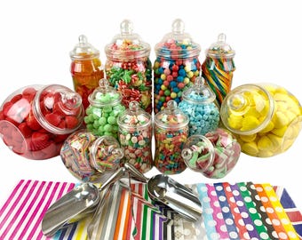 Plastic Sweet 12 Jar Party Pack plus 2 Scoops 2 Tongs 100 bags Add sweets to create a unique Candy Buffet for your wedding party or event