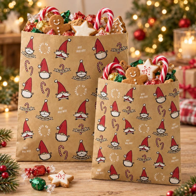 K&ouml;nnte beinhalten: Zwei braune Geschenkt&uuml;ten aus Papier, gef&uuml;llt mit Weihnachtspl&auml;tzchen und Zuckerstangen. Die T&uuml;ten zeigen ein wiederkehrendes Muster aus Gnomen mit roten M&uuml;tzen, Zuckerstangen und den Texten Naughty or Nice, Joy to All und Ho! Ho! Ho!.