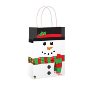 May include: A white gift bag decorated as a snowman. It has a black top with a red stripe and holly, black eyes, a carrot nose, and a green and red striped scarf. Two black buttons and a white handle complete the design.
