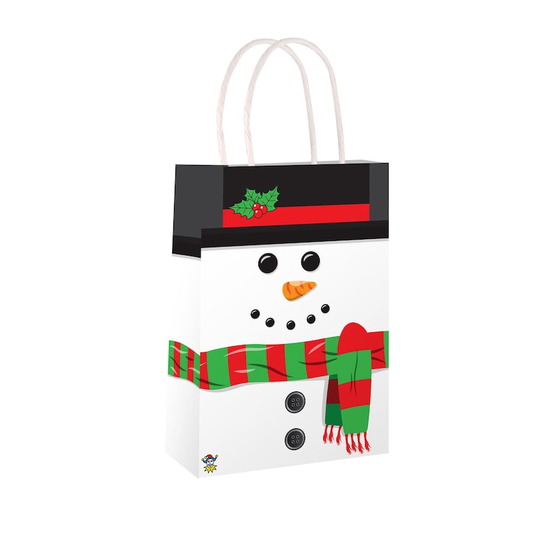 May include: A white gift bag decorated as a snowman. It has a black top with a red stripe and holly, black eyes, a carrot nose, and a green and red striped scarf. Two black buttons and a white handle complete the design.