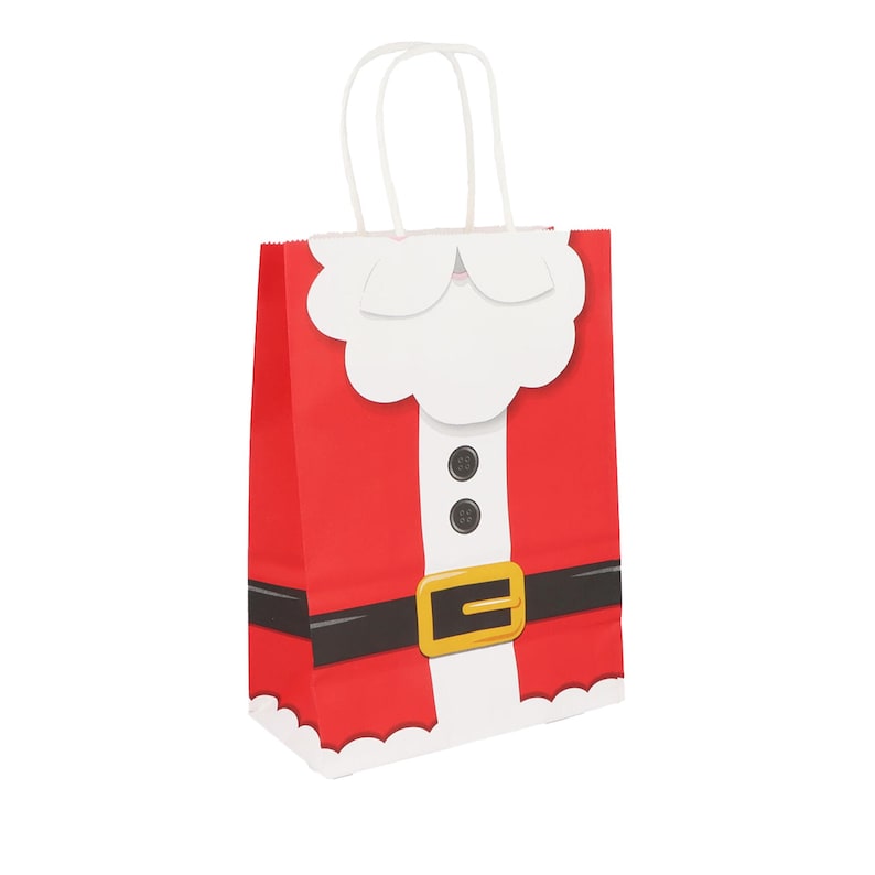 May include: A red paper gift bag decorated as Santa Claus. It has a white beard and collar, black buttons, and a black belt with a gold buckle. The bag is finished with white twisted paper handles.