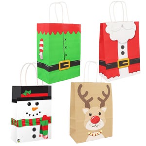 May include: Four Christmas-themed gift bags with white handles. Designs feature an elf, Father Christmas, a snowman, and a reindeer. The elf bag is green with a red collar and black belt. The Father Christmas bag is red with a white collar and black buttons. The snowman bag is white with a black hat and scarf. The reindeer bag is brown with a red nose.