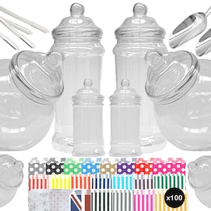 Feestpakket plastic snoeppot 8 potten, 2 lepels 2 tangen 100 zakjes Voeg gewoon snoep toe voor een uniek snoepkarretje Buffet Gunsttafel Feeststuk