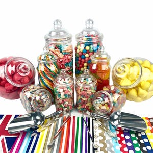 Feestpakket plastic snoeppot 10 potten, 2 tangen, 2 scheppen, 100 zakjes Voeg snoep toe en creëer een unieke snoepjestafel met snoepjes voor bruiloft