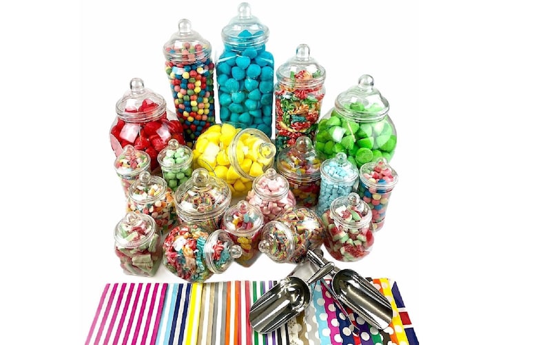 Plastic Sweet Jar Party Pack 19 Jars 7 Styles 2 Tongs 2 Scoops 100 Bags