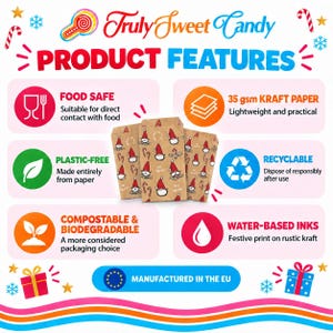 K&ouml;nnte beinhalten: Drei braune Kraftpapiert&uuml;ten mit einem Muster aus roten und wei&szlig;en Gnomen und Zuckerstangen. Die Infografik zeigt Produktmerkmale wie lebensmittelecht, 35 g/m&sup2; Kraftpapier, plastikfrei, recycelbar, kompostierbar, biologisch abbaubar und wasserbasierte Tinten.