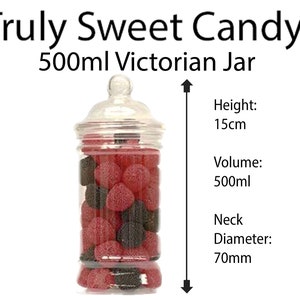 May include: A clear glass jar with a lid filled with red and black sweets. The jar is labelled "500ml Victorian Jar" and has measurements for height, volume, and neck diameter.