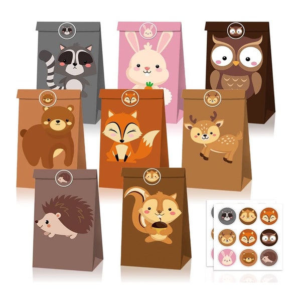 Animal Party Bags Cute with Matching Stickers Pic n Mix Sweet Block Bottom Woodland Creatures Fox Owl Deer