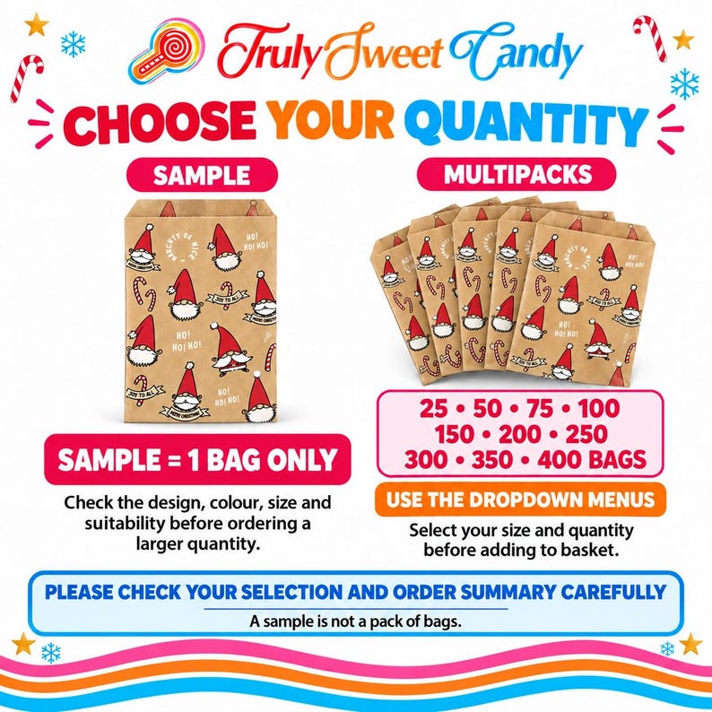 K&ouml;nnte beinhalten: Eine Truly Sweet Candy Grafik mit braunen Papiert&uuml;ten, die mit einem Muster aus roten und wei&szlig;en Gnomen und Zuckerstangen bedruckt sind. Das Bild zeigt eine Mustert&uuml;te und Multipacks sowie Anweisungen zur Auswahl von 25 bis 400 T&uuml;ten.