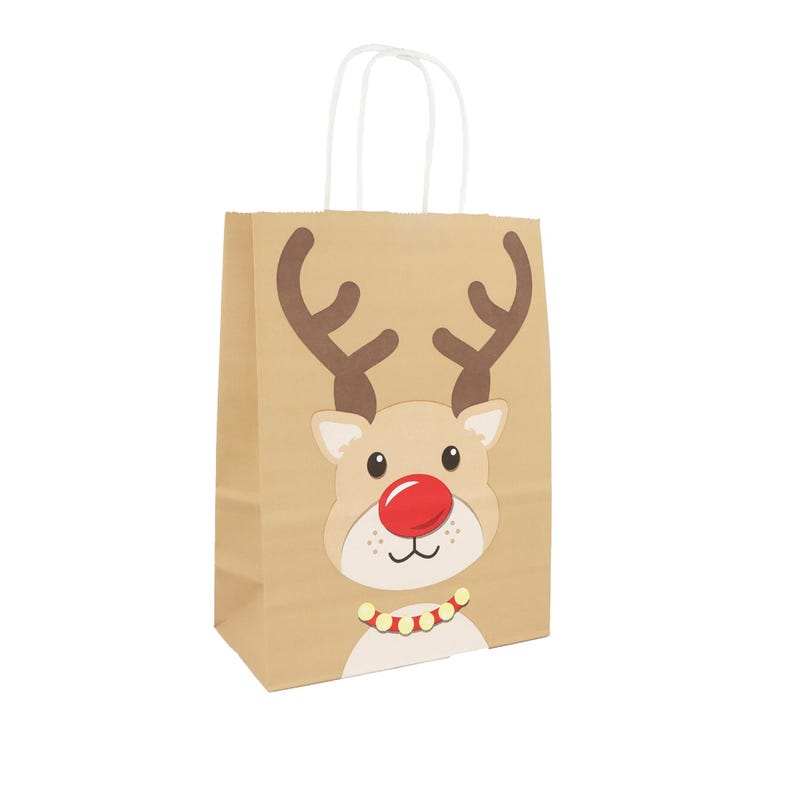 May include: A brown paper gift bag decorated with a reindeer face, complete with brown antlers, a red nose, and a decorative collar. The bag has white paper handles, ideal for festive gifting. The bag is made of brown paper.