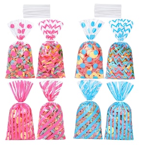 Cellophanbeutel mit Drehbindungen Kunststoff Candy Bag Cellophanbeutel 4 Styles Ideal für Babyparty Gender Reveal Geburtstagsfeier Geschenke Favors