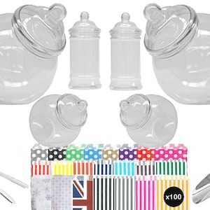 Plastic Sweet Jar Party Pack 6 Jars  1 tong 1 Scoop and 100 Bags Add sweets for a Truly Sweet Candy Buffet, Sweet Favour Table Centrepiece