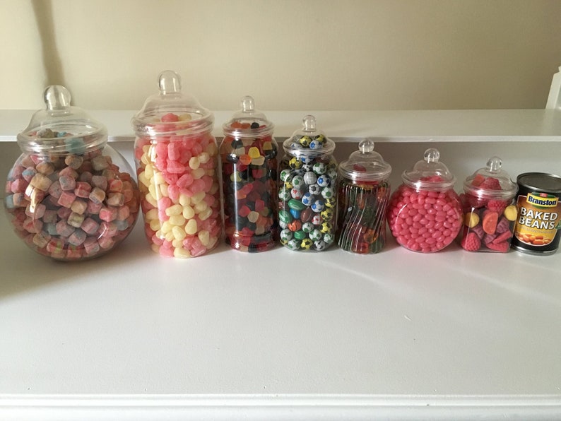 Vintage Plastic Sweet Jars 12 Jars, 2 Scoops, 2 Tongs and 100 bags 11 Colours Candy Table, Sweet Table, Sweet Buffet image 10