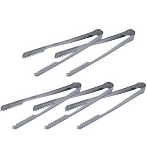 May include: Set of six stainless steel ice tongs with serrated edges. The tongs are designed to easily grasp and lift ice cubes.