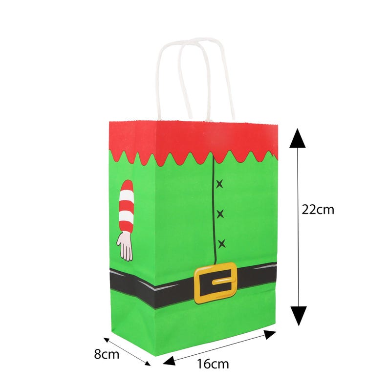 May include: A green paper gift bag with a red top and white handles. The bag is designed to look like an elf's outfit, with a belt, buttons, and an arm with a striped sleeve. The bag measures 8cm wide, 16cm long, and 22cm tall.