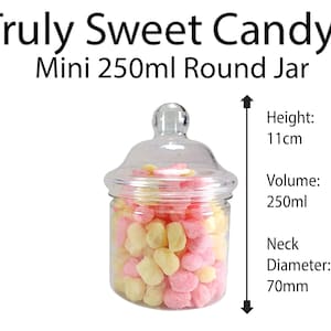 May include: A clear plastic round jar with a lid, filled with pink and yellow candy. The jar is 11 cm tall and has a 7 cm diameter. The jar is labelled "Truly Sweet Candy® Mini 250ml Round Jar".