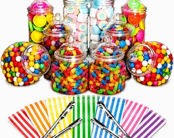 10 Plastic Sweet Jars with 2 Tongs and Bags for Wedding Sweet Table