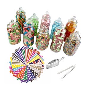 10 Plastic Sweet Jar Party Pack with Tong Scoop and 100 Bags (28 styles) Just add sweets to create a unique Candy Cart Buffet Party Wedding