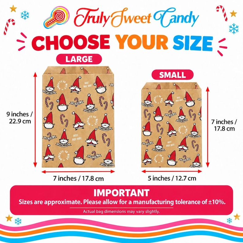 K&ouml;nnte beinhalten: Zwei braune Papiert&uuml;ten mit einem Muster aus Weihnachtswichteln und Zuckerstangen. Die gro&szlig;e T&uuml;te misst 22,9 cm mal 17,8 cm, die kleine T&uuml;te 17,8 cm mal 12,7 cm. Der Text umfasst Truly Sweet Candy, CHOOSE YOUR SIZE und IMPORTANT.