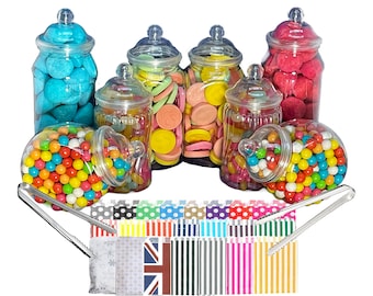 8 pots de bonbons en plastique victoriens vintage de différentes tailles, 2 pinces, 50 sacs à rayures de bonbons - Buffet de bonbons à faire soi-même... il suffit d'ajouter des bonbons !