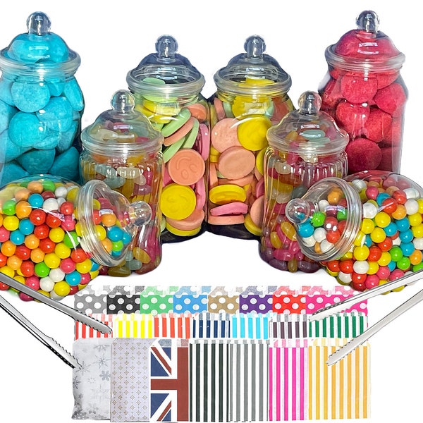 8 Vintage viktorianische Kunststoff Bonbongläser in verschiedenen Größen, 2 Zangen, 50 Candy Stripe Bags - Do-it-yourself Candy Buffet .... fügen Sie einfach Süßigkeiten hinzu!
