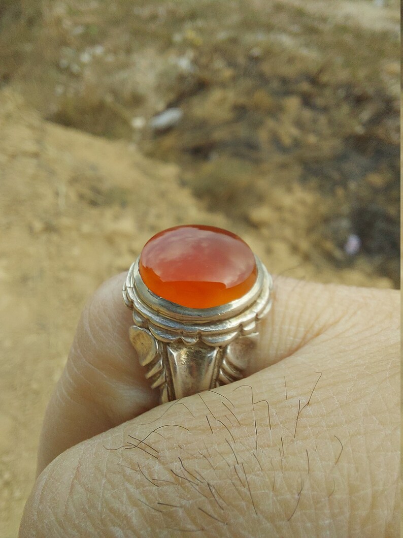 ORANGE Yemeni Aqeeq Silver Ring handmade Sterling Silver Agate Akik Shia Sufi Men Ring Any Size