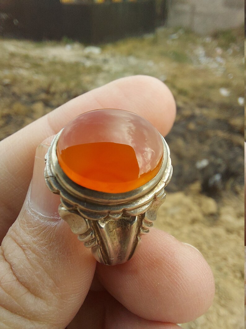 ORANGE Yemeni Aqeeq Silver Ring handmade Sterling Silver Agate Akik Shia Sufi Men Ring Any Size