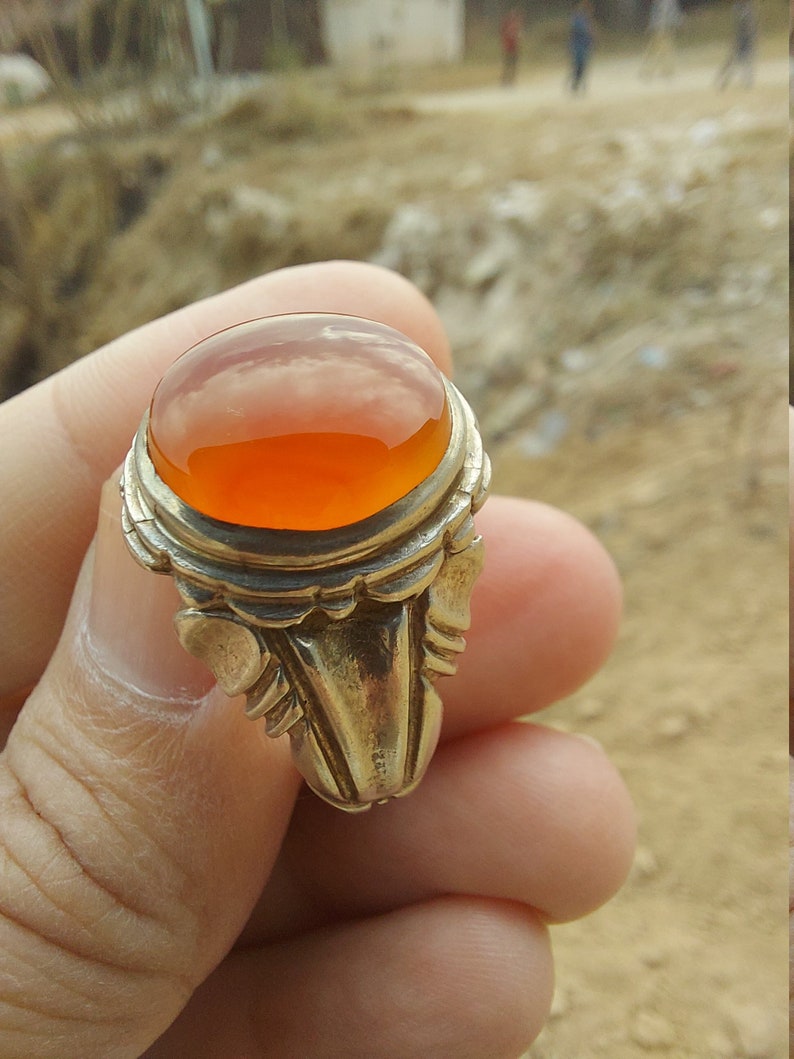 ORANGE Yemeni Aqeeq Silver Ring handmade Sterling Silver Agate Akik Shia Sufi Men Ring Any Size