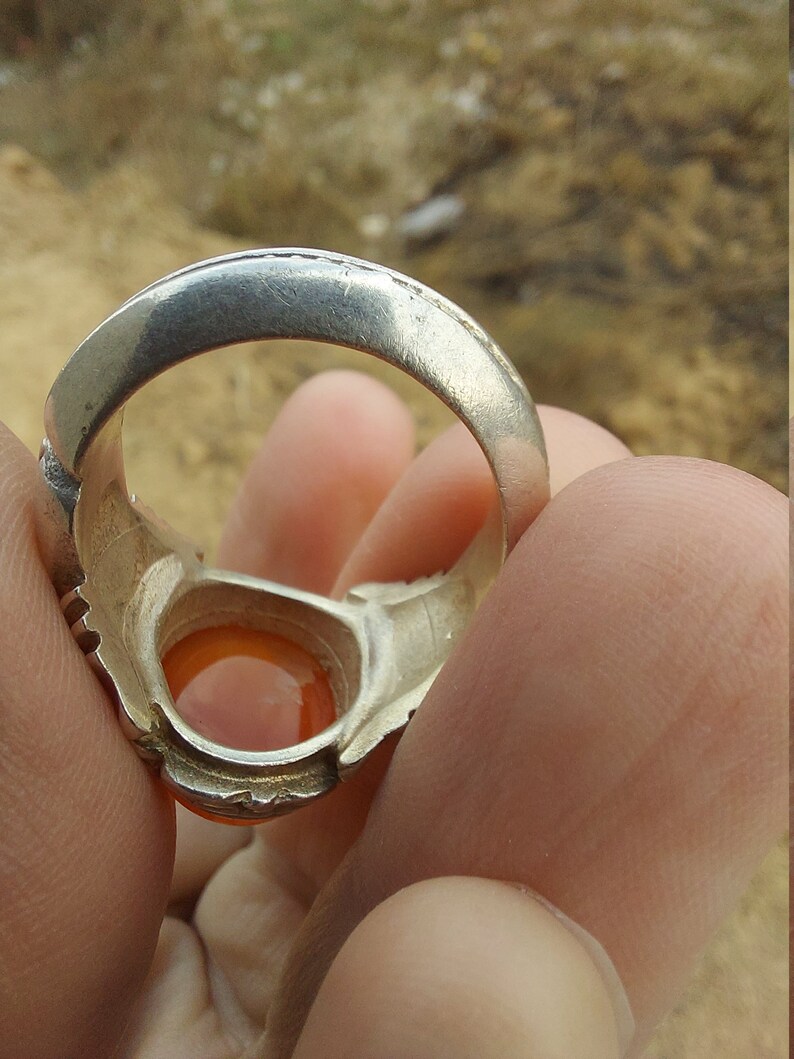 ORANGE Yemeni Aqeeq Silver Ring handmade Sterling Silver Agate Akik Shia Sufi Men Ring Any Size
