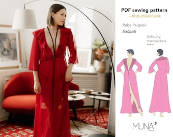 Robe pattern Instincto, Sizes XS - XL, Formats A4-US letter-A0, Peignoir pattern, Woman night dress pattern, Negligee pattern pdf, Muna