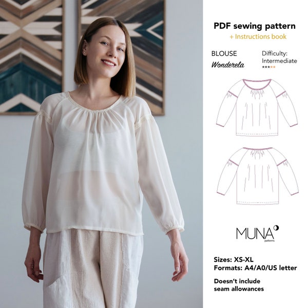 Women Blouse pattern, Size Xs-Xl, Format A4 A0 Us letter, Sewing pattern PDF, Blouse pattern woman, Blouse sewing pattern, MUNA patterns