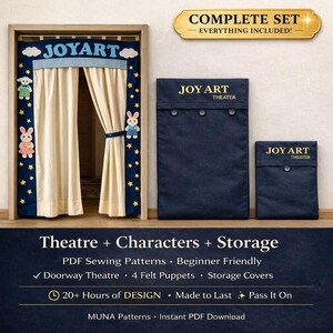 May include: A doorway theater set with a blue and cream color scheme. The set includes a curtain, felt puppets, and storage covers. The theater is decorated with stars and cartoon characters. The text "JOY ART THEATER" is visible.
