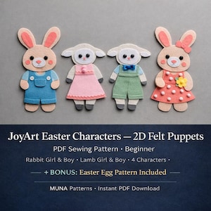 JoyArt Personaggi di Pasqua 2D — Modello PDF per burattini in feltro / 4 personaggi / Coniglio e agnello, bambina e bambino