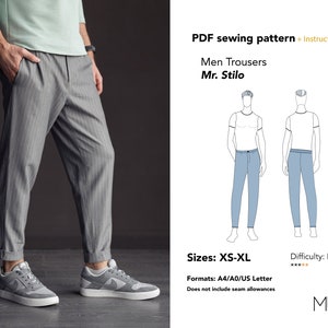 Men trousers sewing pattern. Sizes XS-XL. A4 A0 Us letter.  Men pants pattern. Men pants pattern pdf. Men pants sewing pattern. Mr Stilo.