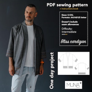 May include: A gray cardigan with patterned trim is featured in this image. The text on the image says "PDF sewing pattern" and "Bliss cardigan". The pattern includes sizes S-XXL and is rated as intermediate difficulty. A diagram of the cardigan is also shown.