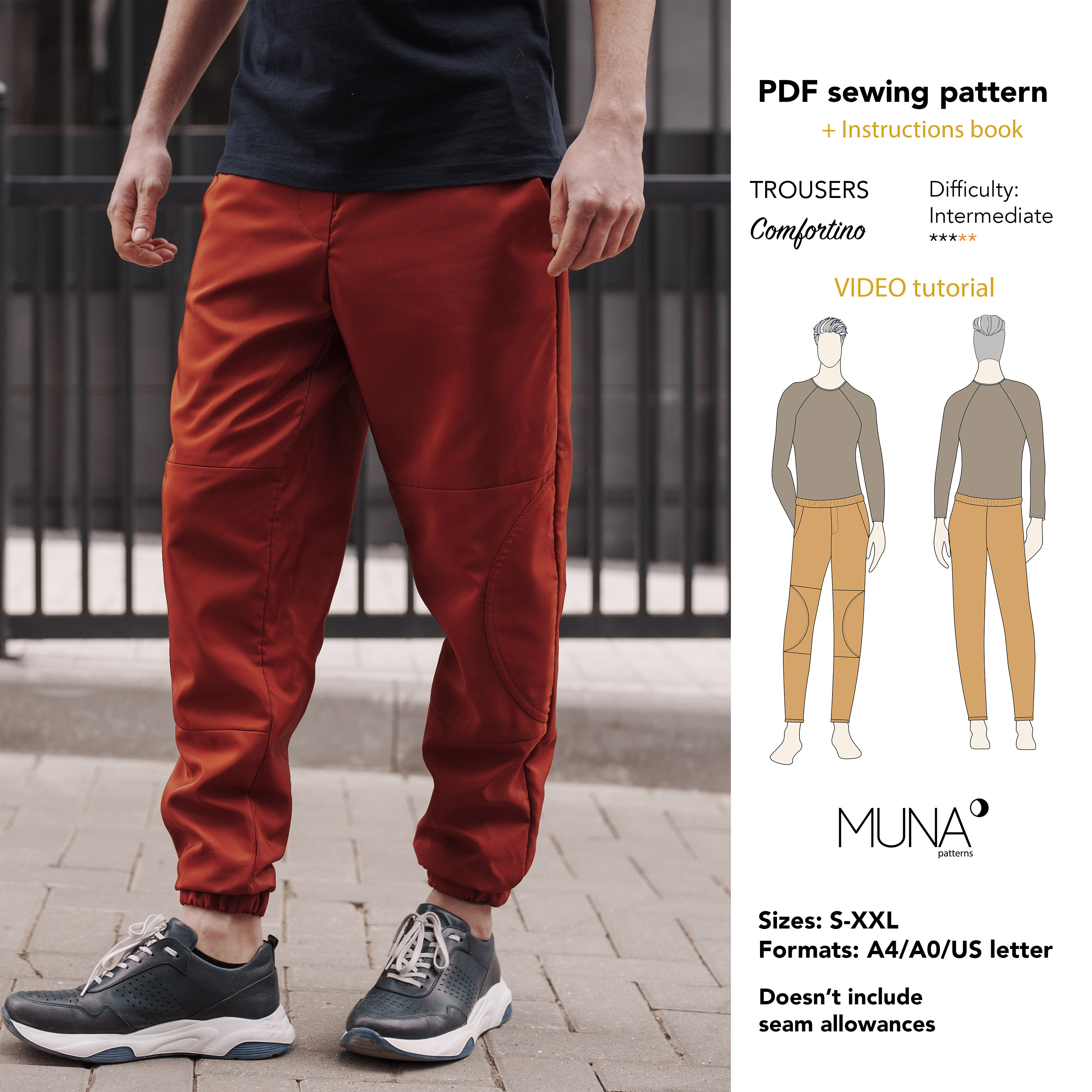 Men Trousers Sewing Pattern. Sizes S-XXL. A4 A0 Us Letter