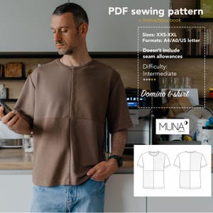 May include: A man wearing a brown Domino t-shirt. The shirt has a unique design with vertical and horizontal seams. The image includes a PDF sewing pattern with instructions, sizes XXS-XXL, and formats A4/A0/US letter. The difficulty level is intermediate.