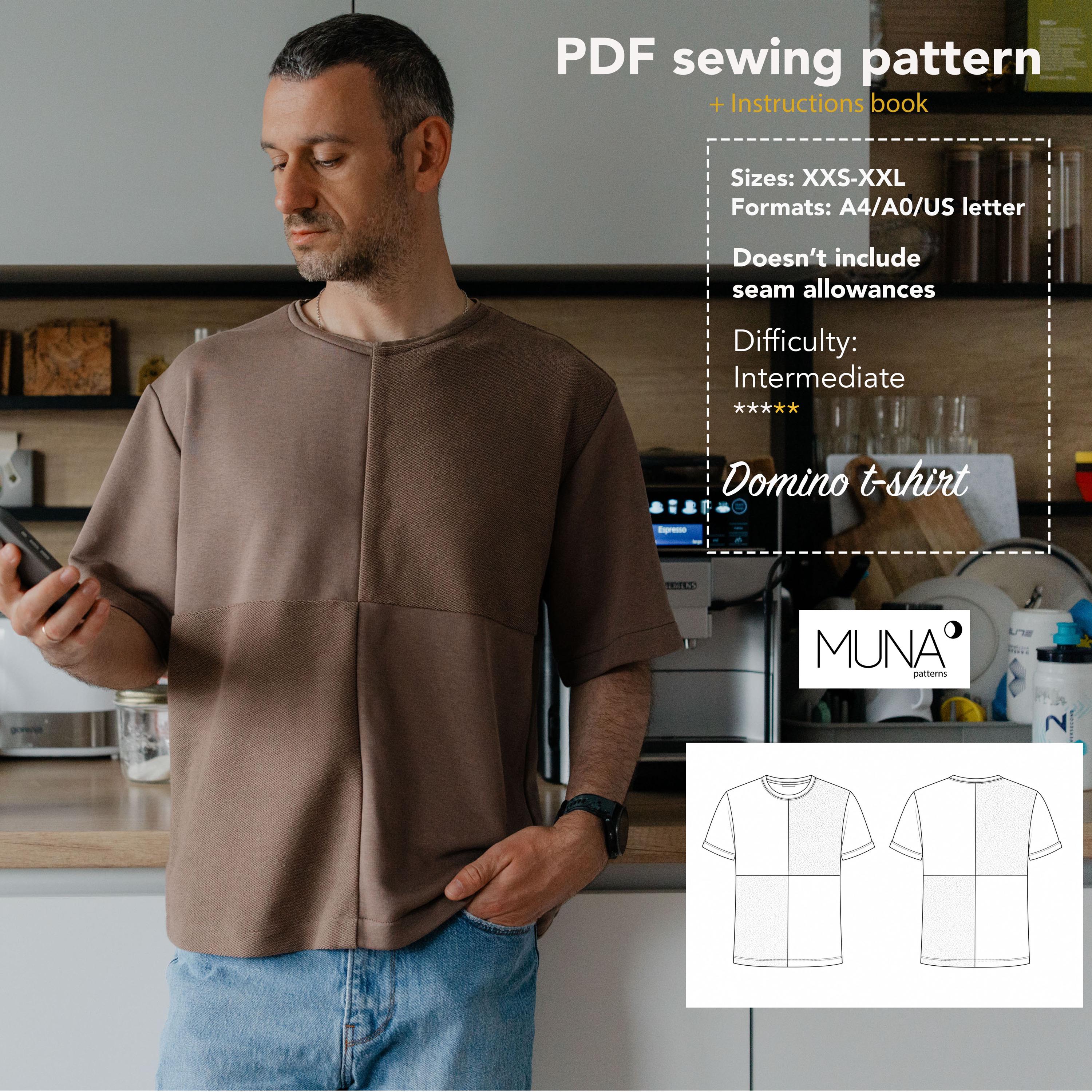 Men's T-shirt Pdf Sewing Pattern, Domino, XXS-XXL (a4/a0/us Letter