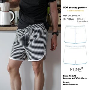 May include: Black and white striped underwear shorts with white trim. The shorts are part of a PDF sewing pattern for men's underwear. The pattern includes instructions and is available in sizes XS-XXL.