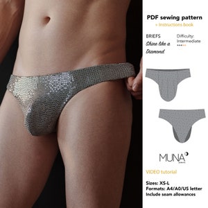 Patrón ropa interior hombre, Patrón bikini tiro bajo full bolsa, Patrón bikini hombre, Talla XS - L, Formato carta A4 Us, Patrón calzoncillos hombre, MUNA