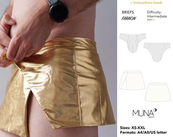 Molde para costura de cueca bikini masculina com bolsa frontal completa, FARAON Golden Skirt (molde em PDF)
