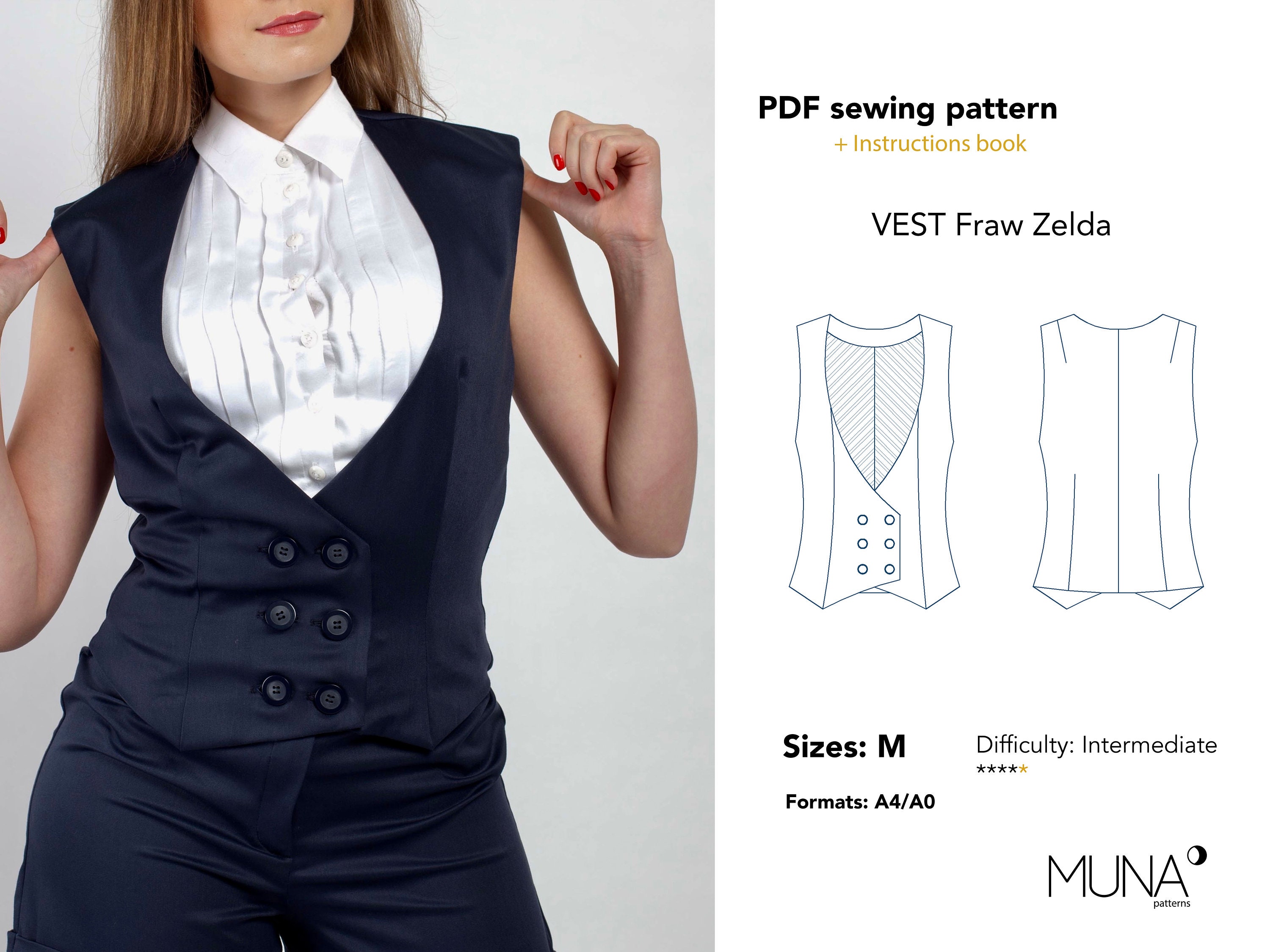 Vest Women, Size M, A0 A4, Sewing Pattern PDF, Vest Pattern Woman