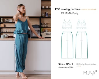 Women Pyjama Pattern, Size XS-L, A4/ A0/ US Letter, Pyjama sewing pattern, Pajama pants women, Pajama pattern, pyjama set sewing pattern