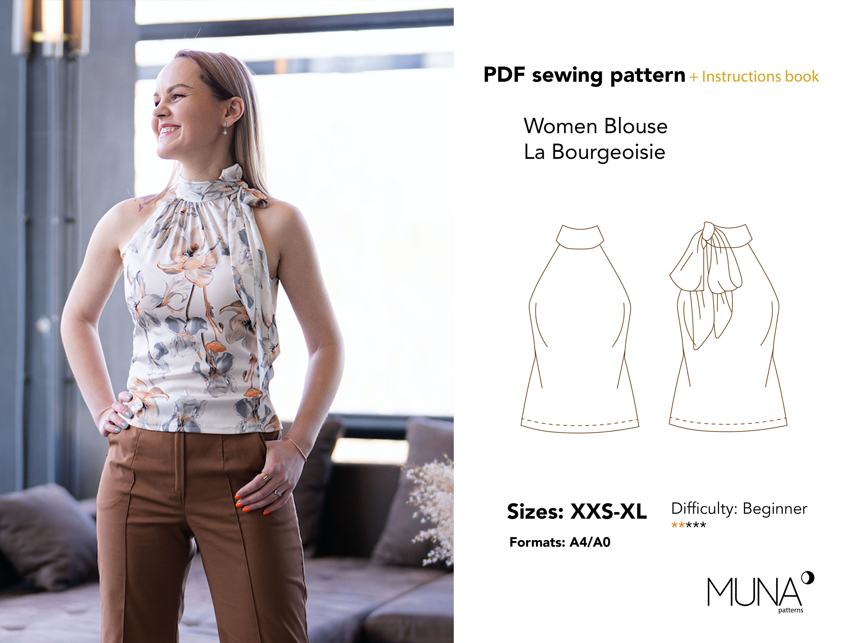 Women Blouse Pattern, Size Xxs XL, Format A4 A0, Sewing Pattern