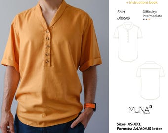 Molde para camisa masculina de linho em PDF – tamanhos do XS ao XXL – formatos A4/A0/Carta (EUA) – costuras inclusas (download instantâneo)