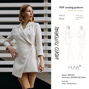 May include: A woman wearing a cream-colored blazer dress with a single button closure. The dress has a wrap-style design. The image includes text that says "PDF sewing pattern" and "DRESS Diana". The pattern difficulty is listed as "Confident".
