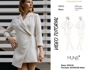 Molde para costura de vestido blazer assimétrico, MUNA Diana, tamanhos XXS a XL (molde em PDF)