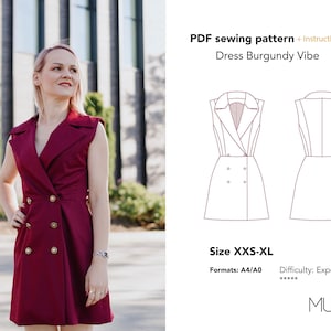 Jacket dress pattern, Size XXS - XL, A0 A4, Sewing pattern PDF, Jacket dress pattern woman, Woman tailor dress pattern, Double breast jacket