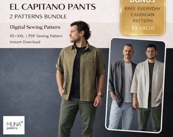 Pacote completo de moldes para costura de guarda-roupa masculino | Camisa, calça e cardigã grátis | 3 moldes em PDF | Tamanhos P-XXG
